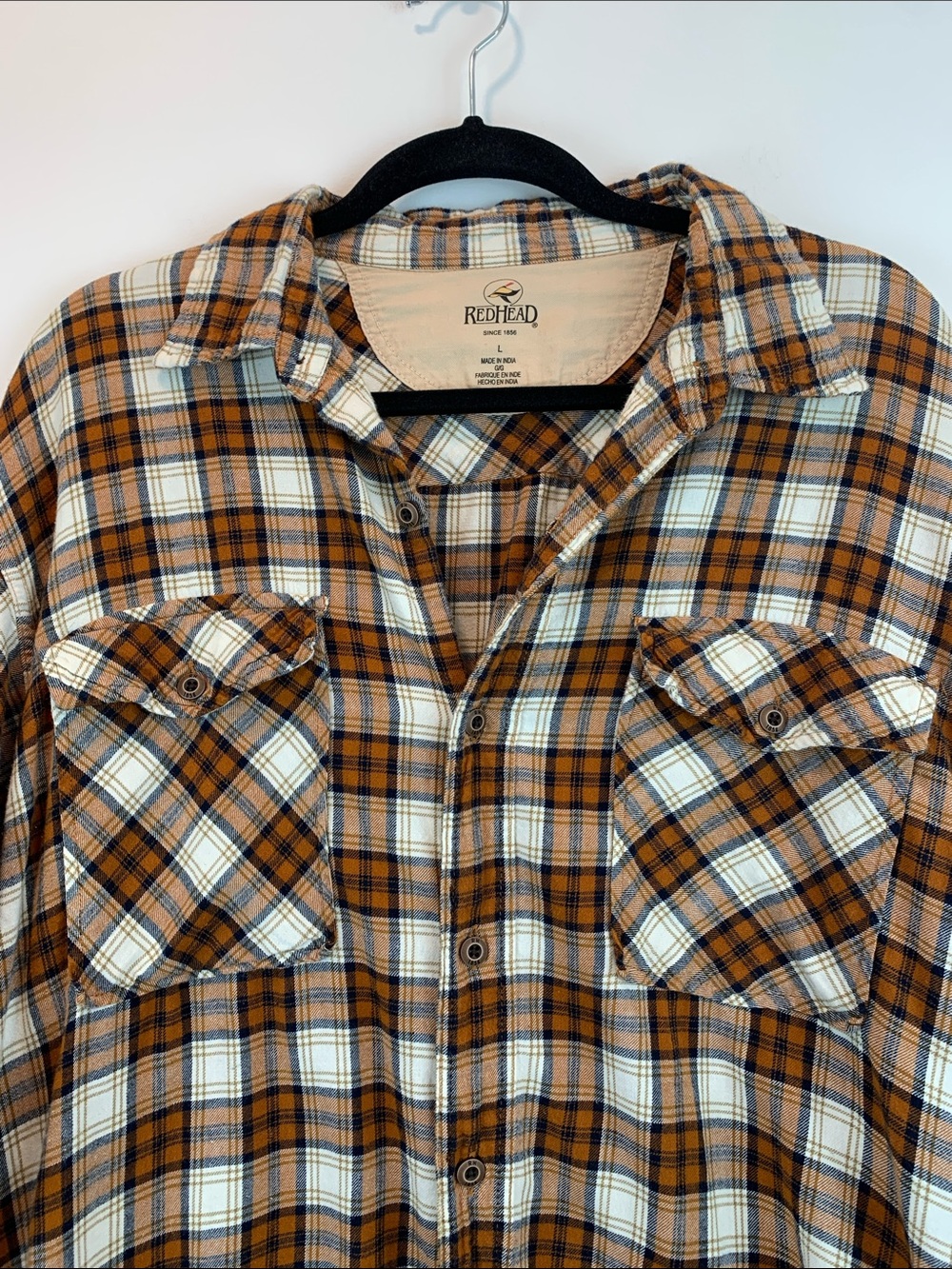 Orange plaid flannel by Red Head sz L casual fall outdoor engagement photo - Picture 3 of 5